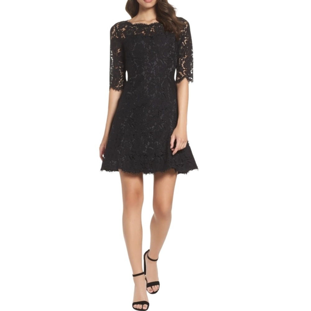 Eliza J Fit and Flare Lace Tulip Mini Dress Cocktail Black Size 8 petite